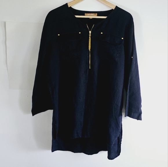 Ellen Tracy 100% Linen Hi-Low Blue Denim Women's Tunic Blouse Size L - Picture 3 of 10